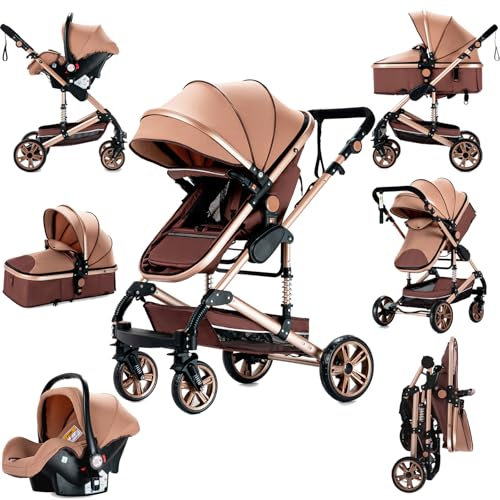 Prokoke Passeggino Trio, Trio Passeggino Neonati con Due Modi Reversibili per Spingere, Passeggino 3 in 1 con Una Lega di Alluminio a Cornice, Trio con Design Pieghevole in Un Clic (739 beige)