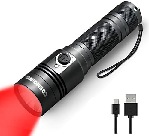 Rot Taschenlampen, COSMOING Aufladbar 300 Yards Taktische Rotlicht Taschenlampe mit Batterie hohe Lumen Handheld Rotlicht für Astronomie Nachtsicht Wandern