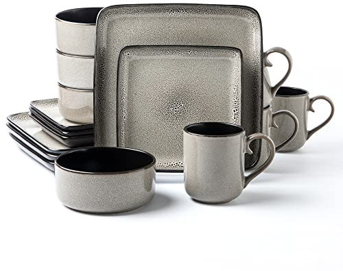 ARORA FLACKAR Juego de vajilla cuadrada de gres de 16 piezas para 4, platos llanos, platos laterales, cuencos de cereales, tazas, color gris esmaltado reactivo