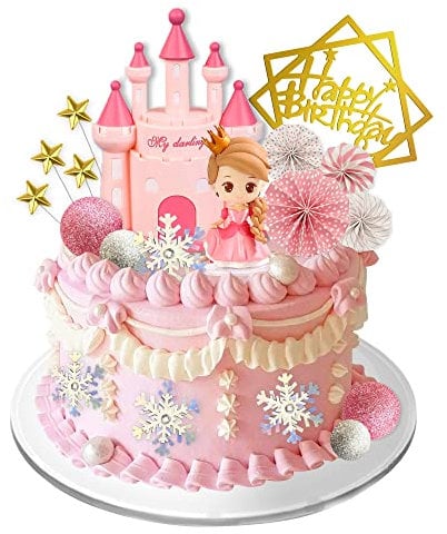 19PCS Princess Cake Topper Castle Cake Decoration for Girl with Snowflake and Stars for Girl Kid Happy Birthday Party Decorations Princess Baby Shower Supplies (Pink)