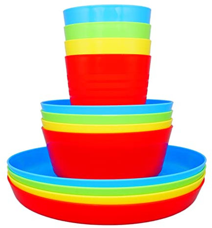 Bloomsworld Toddler Dining Set, 4 Plastic Cups, Bowls and Plates, Reusable, BPA Free, Kids Picnic and Party Tableware for Boys and Girls - Bright