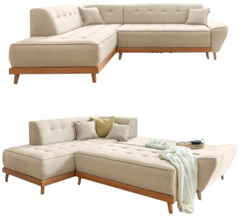 MIUFORM Dazzling Daisy Ecksofa mit Bettfunktion und Bettkasten | L-Form Links | 253 x 190 x 77 cm Couch | Sofa Schlafsofa Eckcouch (Beige) | Sofa mit Schlaffunktion, Schlafsofa mit Bettkasten, Ecksofa L-Form, 253x190x77cm, Couch mit Schlaffunktion, Sofa Bed Klappbar