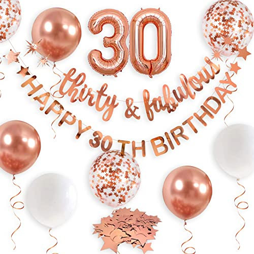 Roségold Thirty & Fabulous Happy 30th Birthday Banner Girlande Folienballon 30 für Damen 30. Geburtstag Dekorationen zum Aufhängen 30 und Fabulous Cheers to 30 Years Old Dirty Thirty Party Supplies