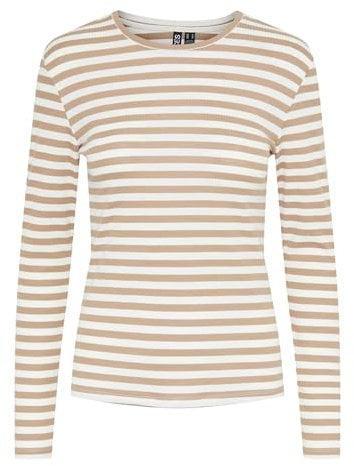 PIECES Damen T-Shirt,Silver Mink/Stripes:Cloud Dancer,S