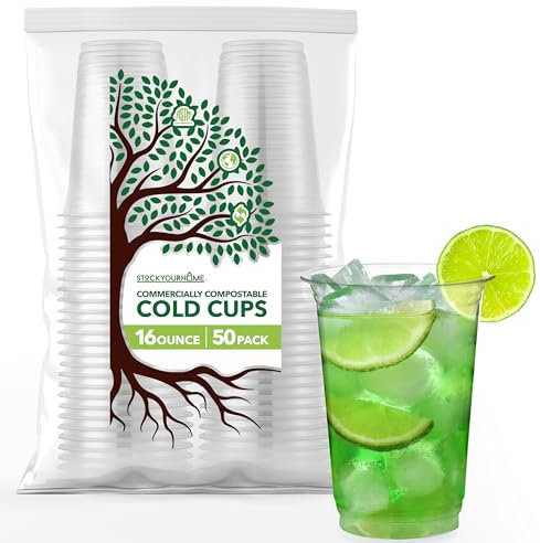 Stock Your Home 16 oz Clear Commercially Compostable Cold Cups (50 Pack) Plant Based Eco Party Cup, Environmentally Friendly Recyclable Disposable Sustainable for Water, Wine & Beer Sample