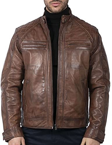 TruClothing Men's Biker Jacket Outwear Windproof Winter Motorcycle Rider Real Leather Jackets Coat Retro - Timber M