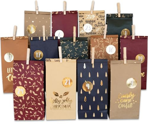 Papierdrachen Adventskalender Tüten 2023-24 bunt bedruckte Geschenktüten und 24 Zahlenaufkleber und Klammern - zum Basteln und Befüllen - Weihnachten - Set 4