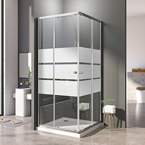 Duschkabine 90 x 90 cm Eckeinstieg Duschabtrennung Doppel Schiebetür Silber Duschwand 6 mm ESG Sicherheitsglas in Klarglas mit Weißen Streifen,Montage auf Duschwanne oder Fliese,Höhe 185cm