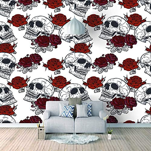 Papier Peint Mural Personnalisé 3D Peel And Stick Wallpaper Crâne De Rose Rouge Décoration Murale Affiche Photo Grande Murale Pour Chambre Salon Bureau Hôtel Décor R 140 (largeur) x 70 (hauteur) cm