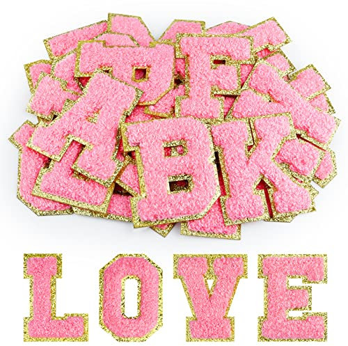 Morcheiong 52Pcs Self Adhesive Chenille Letter Patches A to Z, Chenille Letters for DIY Clothing, Fabric, Shoes, Bags (Rose Red)