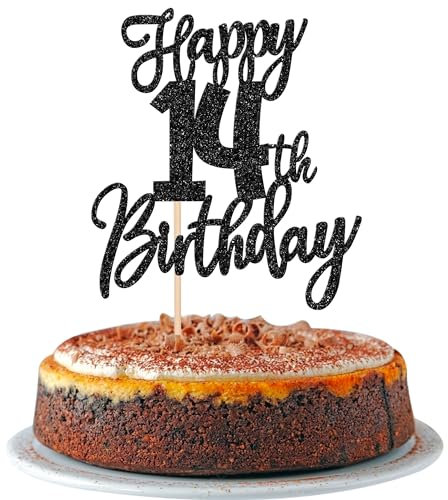 1 Stück Happy 14th Birthday Tortendeko Glitzer Prost auf 14 Jahre Geburtstag Kuchen Deko Sweet Fabulous 14 Cake Topper für Happy 14th Birthday Theme Party Kuchen Dekoendeko Schwarz