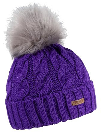 SABBOT Klassisch Damen Mütze mit Pelzbommel, Fleece-Futter, Wintermütze, Strickmuster, Warme Kappe mit Kragen (Lila)