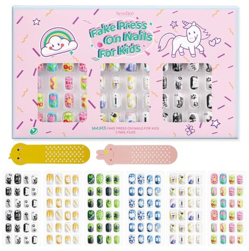 144Pcs Kids Press on Nails Children Girls Press on Short Artificial Fake Nails No fading Stable Quick Stick on Cute Pre Glue Full Cover Acrylic Nail Tip Kit Gift Kids Nail Decoration (Kitty Cat)