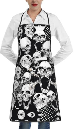 WURTON Delantal de cocina impermeable con estampado de mármol marrón mixto para hombres y mujeres, delantales de cocina con bolsillos, para cocinar y hornear, Fondo de calavera, talla única