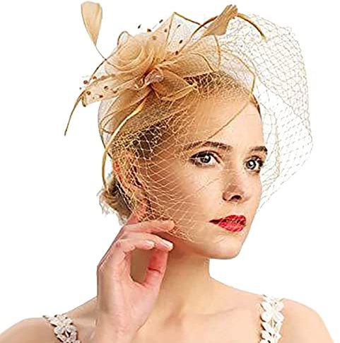 Damen Fascinator Hut, Fascinator Hut Damen Feder Mesh Kopfbedeckungs Hut Schwarze Vintage Teeparty Haarschmuck für Damen Mädchen Abend Partys, Ladies Hut Kopfbedeckung Eleganter Kopfschmuck (Gold)