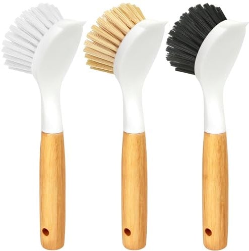 Holikme Spülbürste mit Bambusgriff, Küchenschrubber zum Reinigen von Geschirr, Topf, Spüle und Herd, Pfannenschrubber mit harten Borsten für gusseiserne Grillpfanne, gelb weiß schwarz, 3er-Pack