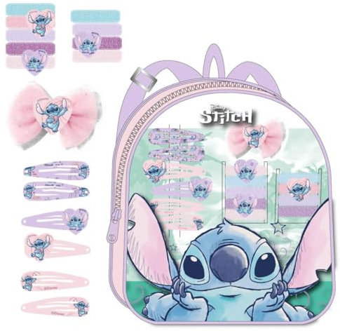 Set de beauté Stitch - Comprend un sac à dos, 1 ruban, 6 épingles à cheveux et 9 chouchous - Multicolore - Idéal pour surprendre vos enfants - Design inspiré de Stitch - Produit original conçu en