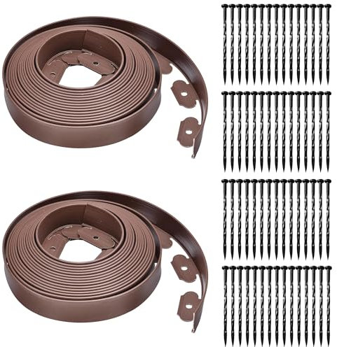 Kunststoff-Rasenkante ohne Graben, 5,1 cm hoch, 2 Stück Landschaftseinfassung mit 30 Heringen, Garteneinfassung, Rasenkante Rolle für Rasen, Blumengarten, Hof, Braun