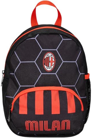 Zaino Asilo Small, A.C. MILAN Calcio, Nero Rosso - Tasche Laterali Porta Borraccia, Tasca Frontale, Zainetto Asilo Bambino - Zaino Scuola Kid