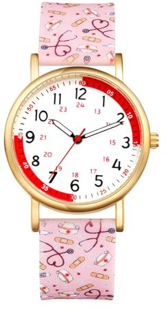 JewelryWe Uhren Damen Silikon Schwesternuhr: 30M Wasserdicht Analog Quarz Armbanduhr Frauen Medizinische Muster Rosa Gummi Armband Uhr mit Pulsberechnung für Krankenschwester Ärzte Sanitäter