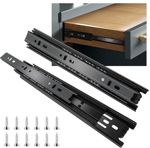 Schubladenschienen, 55,9 cm, 6 Paar (12 Stück), Vollauszug, Kugellager, 3-fach gefaltet, voll dehnbar, seitliche Montage, 45,4 kg Kapazität, 55,9 cm, Schwarz