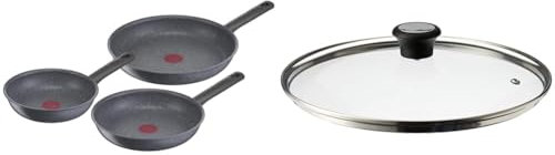 Tefal Natural On - Juego 3 sartenes 20/24/28 cm con revestimiento mineraL & 28097712 Tapa de Vidrio Compatible, Salida de Vapor, 28 cm - Transparente