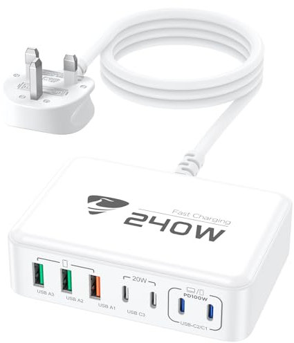 USB C Charger, 240W USB C Plug 7-Port GaN Charging Station Type C Fast Charging Plug PD+QC Travel Charger UK Multi USB C Laptop Charger for iPhone 16 15 Pro Max,Samsung Galaxy,MacBook Air,iPad,Pixel