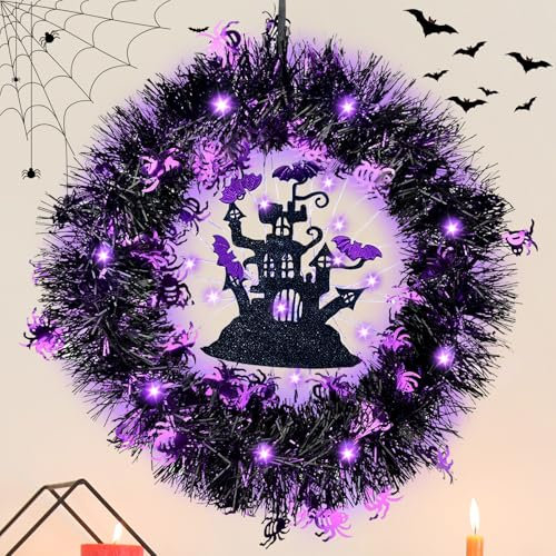 XUNIVERS 35cm Couronne Halloween,Guirlande de Décoration d'halloween avec Lumières,Couronne Halloween Porte,Decoration Halloween pour Extérieur,Intérieur,Mur de Porte d'entrée
