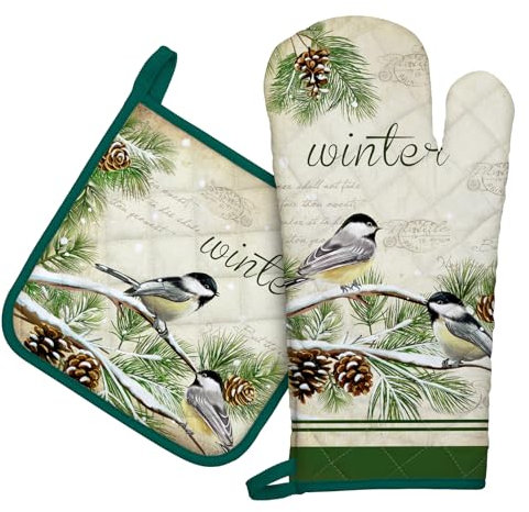 Arquiel Weihnachten Ofenhandschuh und Topflappen 2er Set, 100% Baumwolle Kochhandschuhe, Hitzebeständiger Küchenhandschuh Zum Kochen Backen Grillen Geschenk,Wintervogel