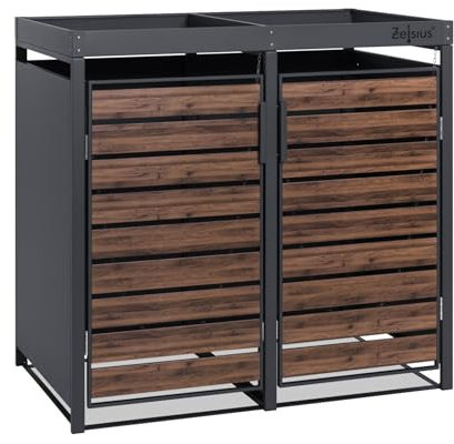 Zelsius Mülltonnenbox 2 Tonnen mit Pflanzdach | (B) 132 x (T) 80 x (H) 124 cm | Anthrazit RAL 7016 | Tür in dunkelbrauner Holzoptik mit Erweiterungsmöglichkeit | Mülltonnenverkleidung