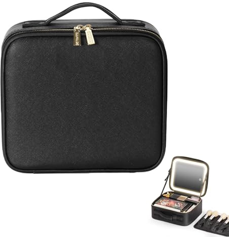 Recitem Schminktasche mit Spiegel und Licht, Make-up Tasche mit Spiegel-3 Farben LED Licht, Reise Kosmetiktasche mit Spiegel LED, Tragbare Schminktasche mit Verstellbaren Trennwänden (Schwarz)