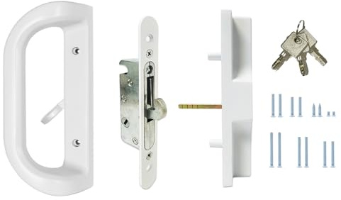 Schiebetürgriff-Set mit Schlüssel und 45° Keilnut-Einsteckschloss, Schiebetürriegel, Ersatzteil, passend für 8,4 cm Schraubenlochabstand, passend für Türstärken von 3,8 cm bis 4,5 cm (1 1/2 Zoll) bis