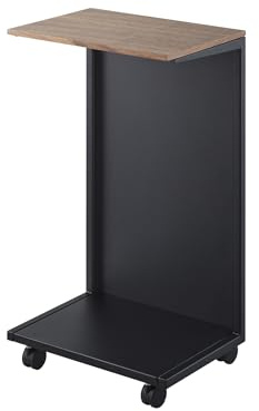 YAMAZAKI 1416 Tower Halbgeschlossener Beistelltisch mit Rollen und Holzablage, schwarz, Stahl/Holz/Nylon, minimalistisch, 31 x 22 x 55 cm (L x B x H)