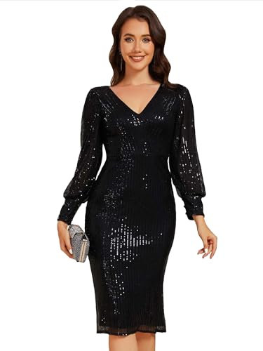 Ever-Pretty Women's Black Large UK Size 20UK Midi Wedding Dress with V-Neck and Long Sleeves, Sequin and Sparkling Cocktail Dress