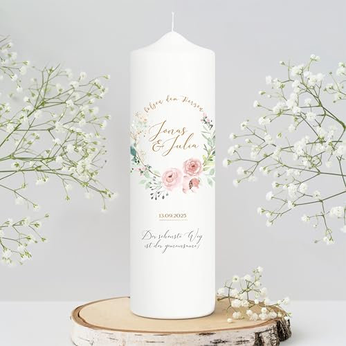 Wandtattoo Loft Hochzeitskerze personalisiert mit Namen und Datum, Motiv mit Kranz aus altrosa Blütten und grünen Blättern, 25cm x 7cm, personalisierte Traukerze, Hochzeit Kerze selbst gestalten