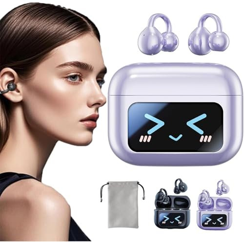 M100 Clip on Ear Headphones with Visual Audio, Smart Touchscreen Bluetooth Ear Buds, Audio Wireless Headphones for Music & Phone Calls, Sport Waterproof Sweatproof (Purple)