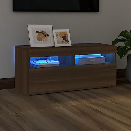 WKIEQACO Entertainment Centers & TV-Ständer, TV-Schrank mit LED-Lichtern, Braun Eiche, 90 x 35 x 40 cm
