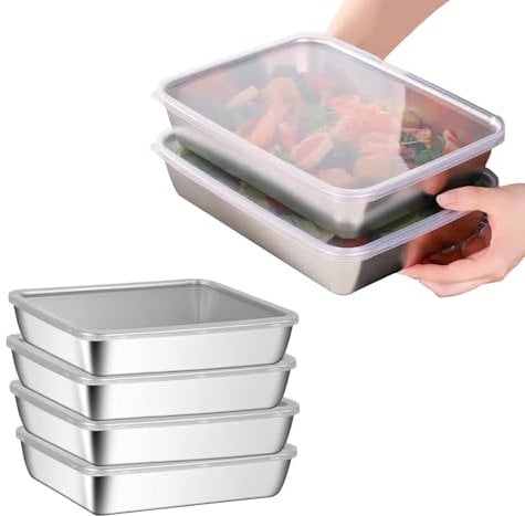 Epunk 4-Piece 304 Stainless Steel Food Containers Set with Lids - 25.5x20x5 cm Airtight Deli Containers, Dishwasher-Safe for Meal Prep & Fridge Storage (BPA-Free)