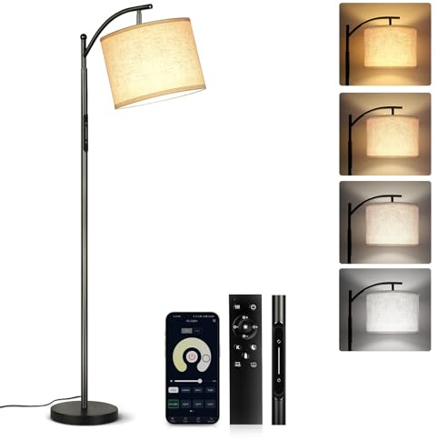 GOOGO Stehlampe Wohnzimmer mit Verstellbarer Winkel Leinenlampenschirm, 3 Farbtemperaturen, Stehlampe Dimmbar mit Touch Steuerung, App und Fernbedienung, 1-Stunden Timer, für Heimbüro, Schlafzimmer