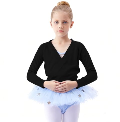 LXEASYGO Girls Ballet Wrap Tops Knitted Dance Cardigans Kids Long Sleeve Crossover Dance Sweater