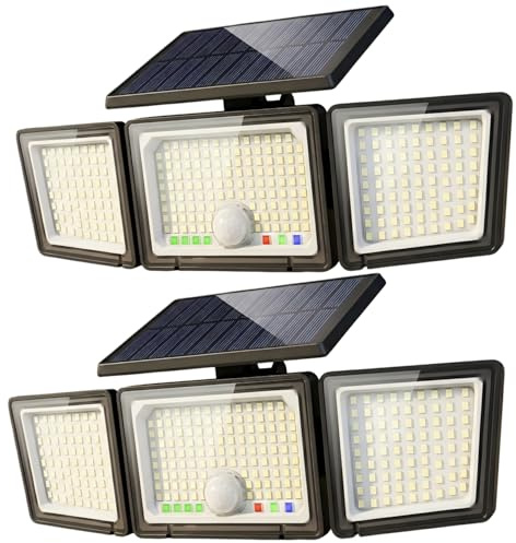 Solar Outdoor Lights Motion Sensor, 2500LM 286 LED Security Flood Lights with Visual Battery & Mode Display, 3 Lighting Modes, IP65 Waterproof 3-Head Wide Angle for Garage, Yard, Patio (2 Pack)