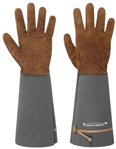 HANDLANDY HLDD Rose Pruning Handschuhe für Frauen & Männer, Long Thorn Proof Leder Gartenhandschuhe mit Unterarmschutz, Garden Work Gauntlet (Braun-Grau, XL)