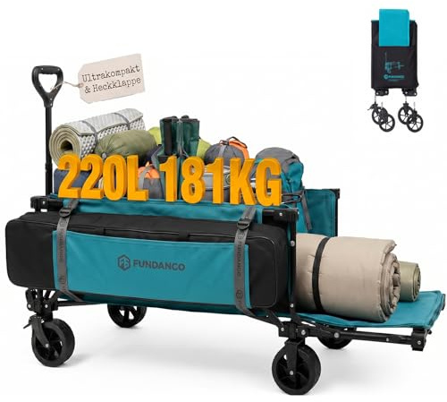 FUNDANGO 180 kg Faltbarer Bollerwagen, 114 cm Extra Lang mit Heckklappe | 200L, kompakt zusammenklappbar, 1/8 Größe, All-Terrain Räder, für Camping, Strand, Einkauf