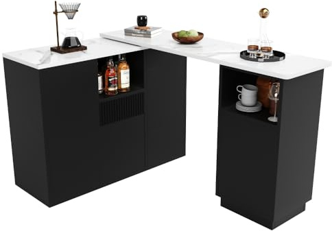 360° Drehbarer Bartisch XXL (140-210 cm), L-Form Küchentheke mit Marmor-Optik, Großer Küchenwagen mit Regal-System, Flexibler Raumteiler Schwarz