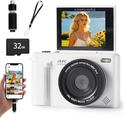 Fesaymi 4K Digital Camera 64MP Compact Camera 16X Digital Zoom Camera for YouTube TikTok, Auto Focus Portable Photo Camera with OTG Phone Transfer for Beginners Adults Kids（White）