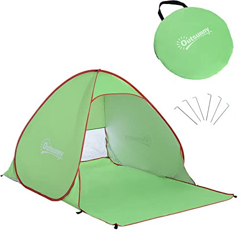 Outsunny Abri de Plage Tente de Plage Pliable Pop-up Automatique instantané Protection UV fenêtre arrière Grand Tapis de Sol Vert Rouge