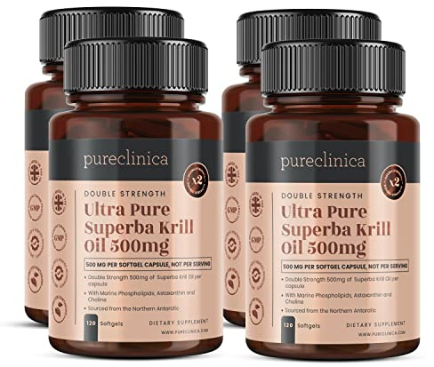 Ultra Pure Superba Krill Oil 500mg x 480 Capsules (4 Bottles) - sourced in The unpolluted Waters of Antarctic Providing a Rich Supply of Astaxanthin and Omega 3