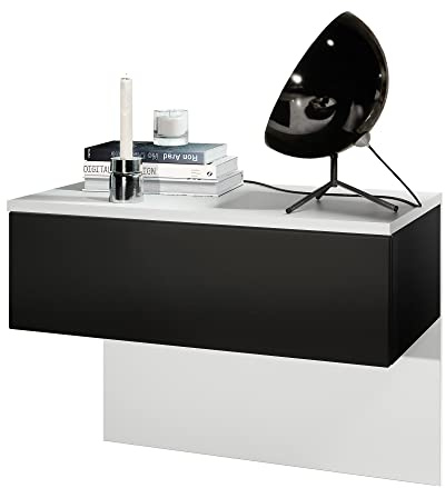 Vladon Nachttisch Sleep, Made in Germany, Nachttischschrank mit Schublade zur Wandmontage, Weiß matt/Schwarz matt (60 x 46 x 35 cm)