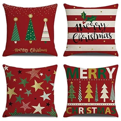 Anbaituor Christmas Cushion Cover - 4 Pack Cotton Linen Red Decorative Christmas - Throw Pillow Case Cushion for Sofa Living Room Bed Couch Car Square Pillowcase, 18 by 18 (Xmas tree-Red)