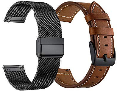 Yeejok 22mm Straps Compatible for Fossil Men's Gen 6/5E 44mm/ Gen 5 LTE/Carlyle/Garrett/Women's Julianna/Gen 4 Explorist HR, Metal Woven Milanese Mesh Band & Leather Strap, Black+Brown